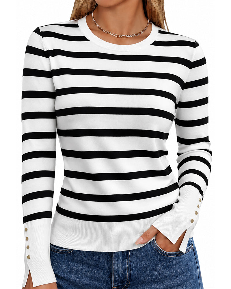 Women's Striped Crew Neck Gold Button Split Cuff Fitted Knit Top