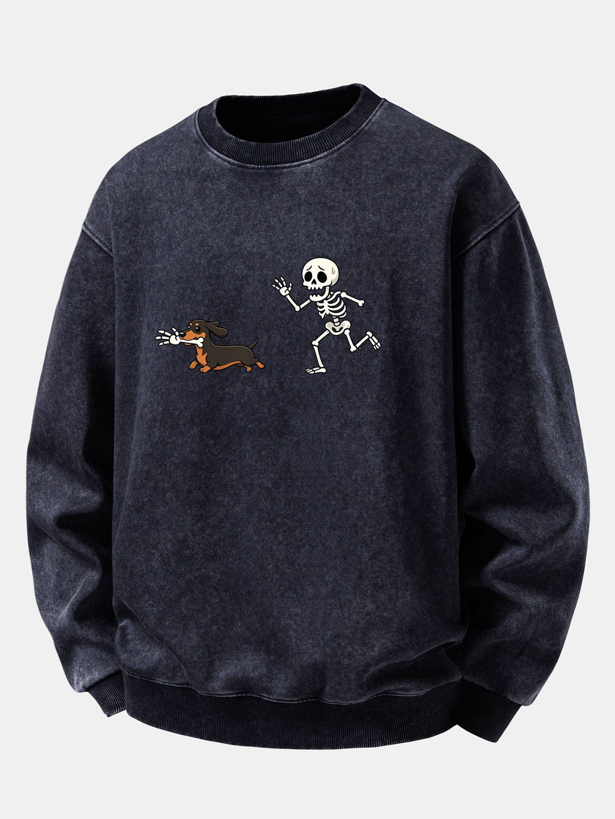 Relaxed Fit Skeleton Chasing Dachshund Print Washed Distressed Sweatshirt