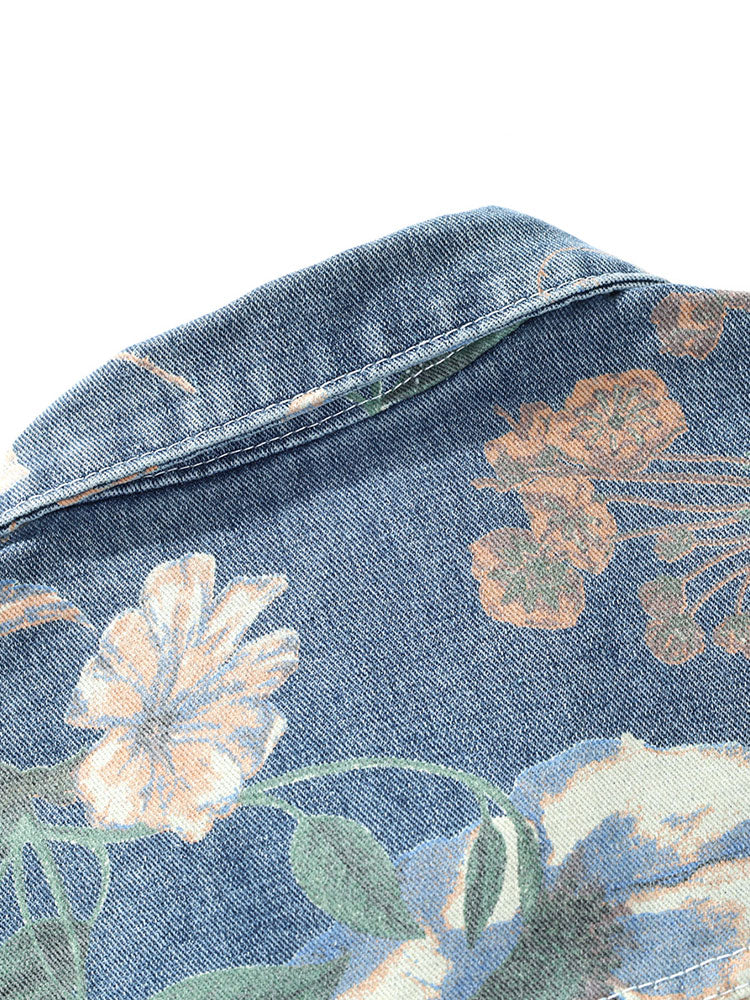 Relax Fit Flower Print Washed Denim Jacket