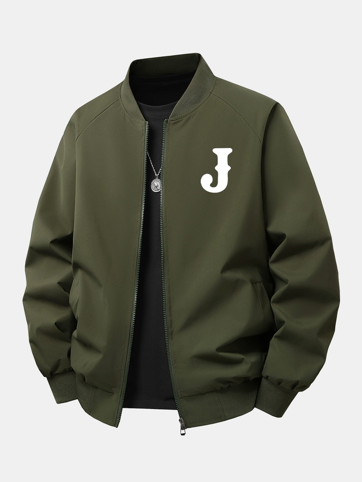 Relax Fit Letter J Print Zip-Up Bomber Jacket