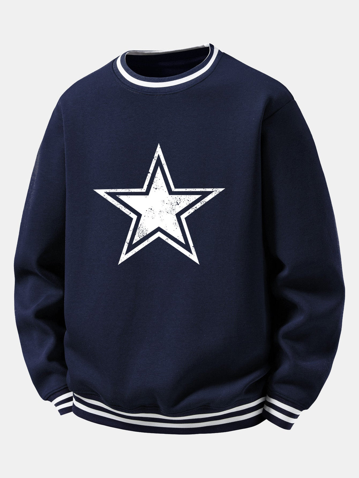 Star Print Striped Ribbed Trim Crew Neck Sweatshirt