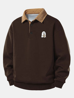 Relax Fit Ghost Drinking Coffee Print Contrast Corduroy Polo Collar Sweatshirt