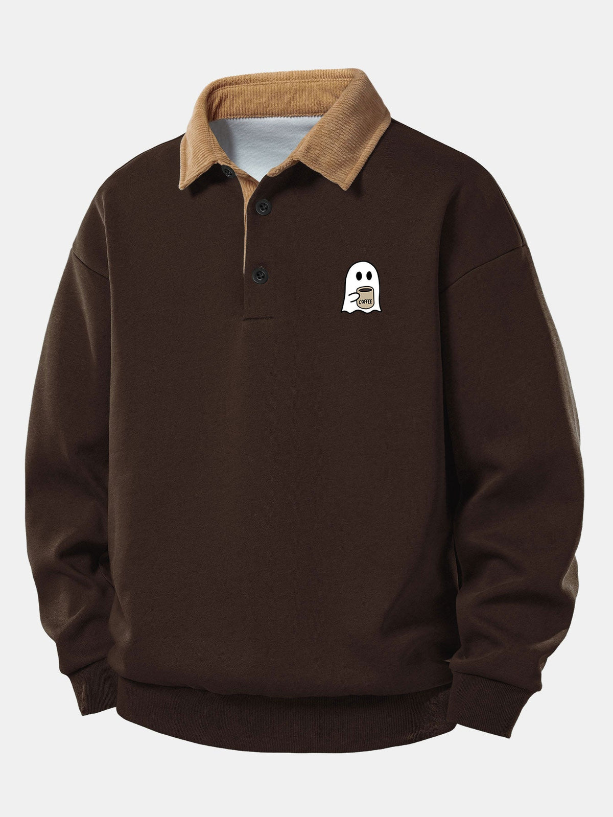 Relax Fit Ghost Drinking Coffee Print Contrast Corduroy Polo Collar Sweatshirt