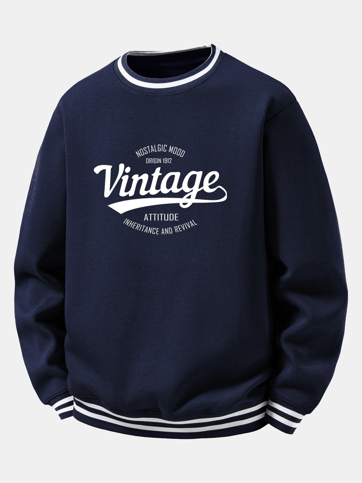 Vintage Print Striped Ribbed Trim Crew Neck Sweatshirt