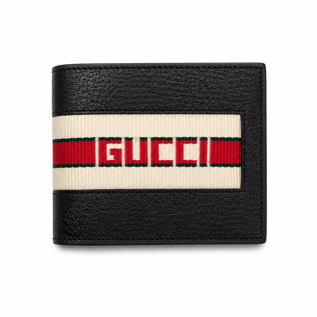 Gucci Stripe Print Bifold Wallet – Black Leather Web Stripe GUCCI Wordmark