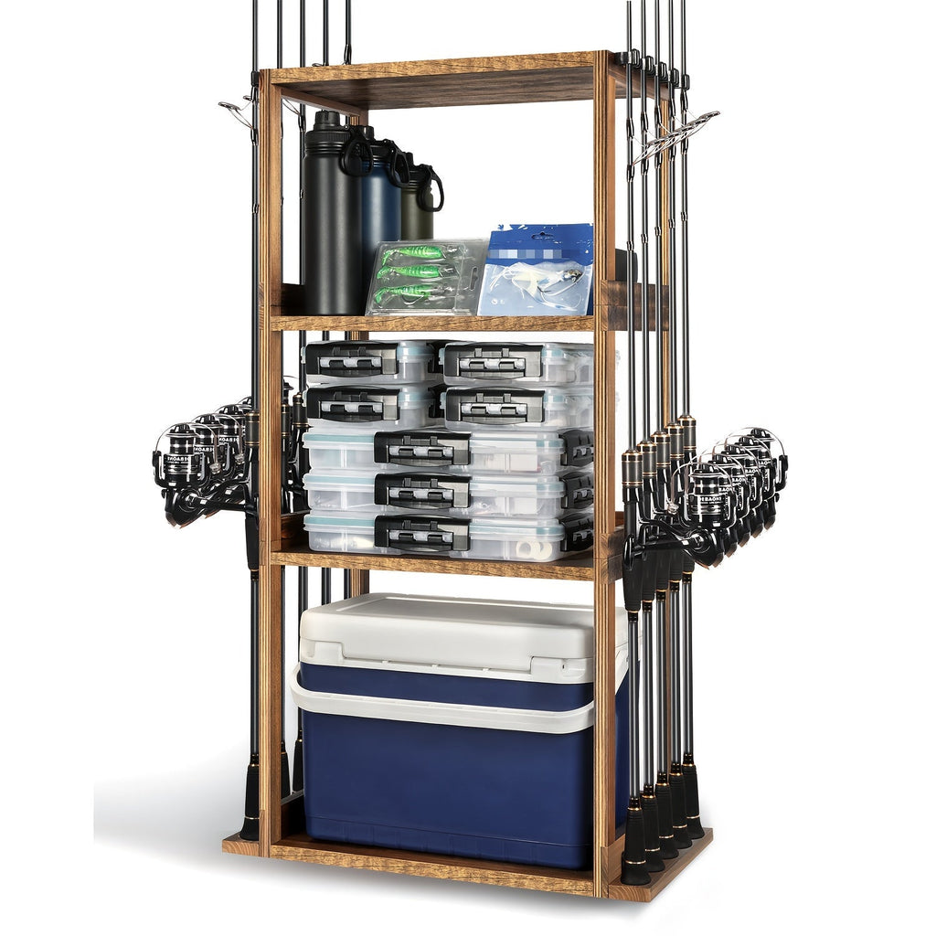 Fishing Rod Holder for Garage Wall Storage, Wooden Rack for Up to Ten Rods with Tackle and Gear Organization