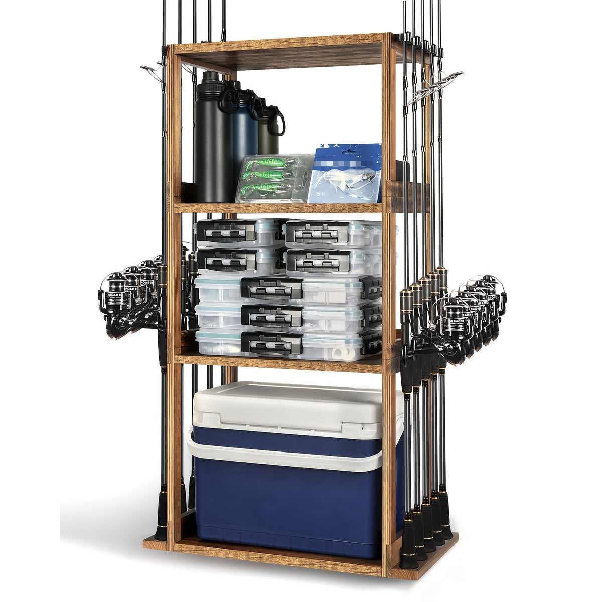 Fishing Rod Holder for Garage Wall Storage, Wooden Rack for Up to Ten Rods with Tackle and Gear Organization