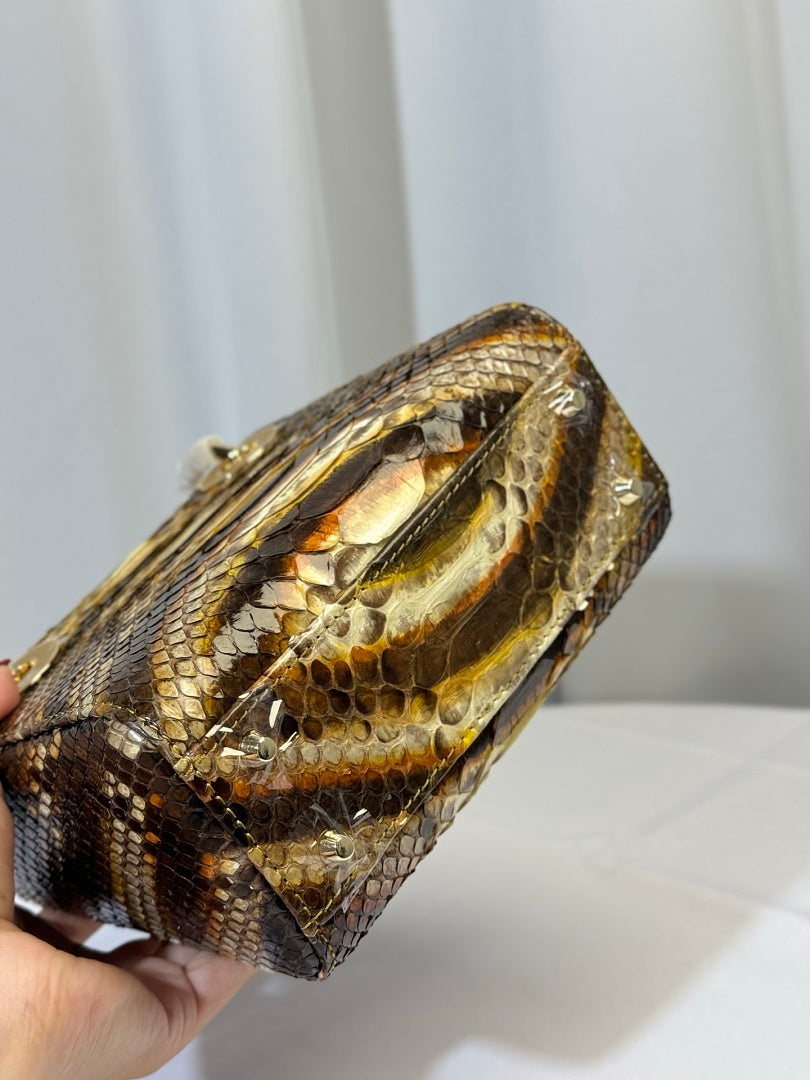 Dior Lady Dior Mini – Python Exotic Skin Brown Gold Tonal Silver Hardware DIOR Charm Chain Strap