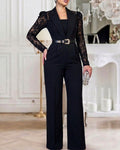 Women's Notched Lapel Jumpsuit Sheer Lace Long Sleeve Wide Leg Overalls Casual Evening Jumpsuit