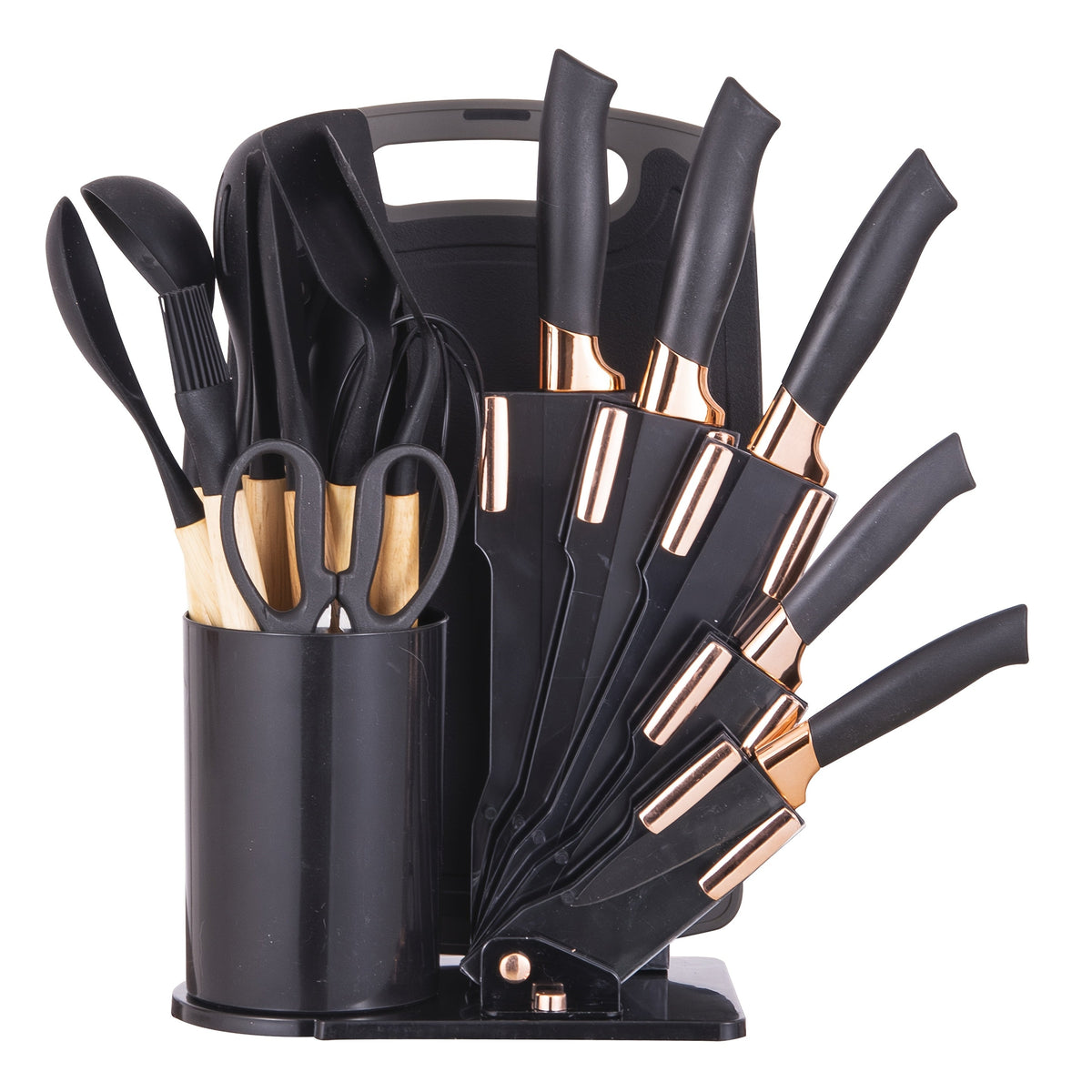 Kitchen Knife Set 19-Piece with Stainless Steel Blades, Wood Handles, Silicone Utensils, Board, Shears and Holder