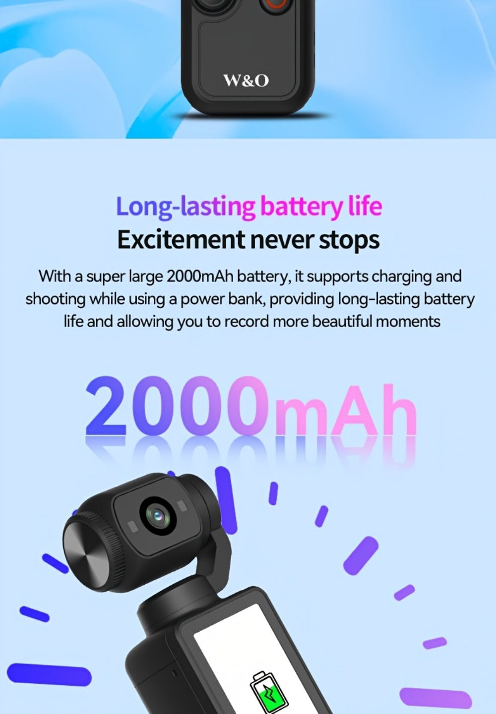 W&O Pocket Camera with Webcam Function, 1.9" Screen, 180° Rotating Shot, 2000mAh Battery, USB-C Charging