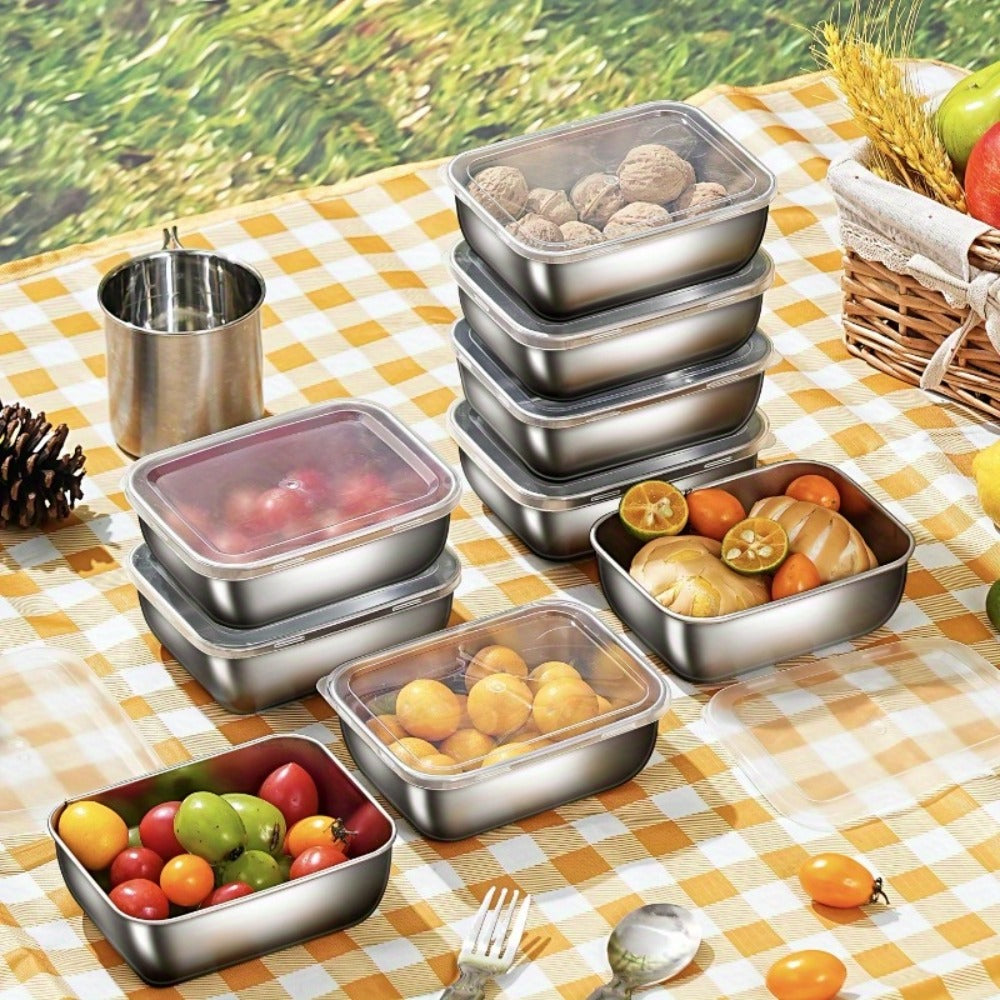 304 Stainless Steel Food Storage Containers, Lidded Kitchen Storage Set in Five, Six or Eight Pieces