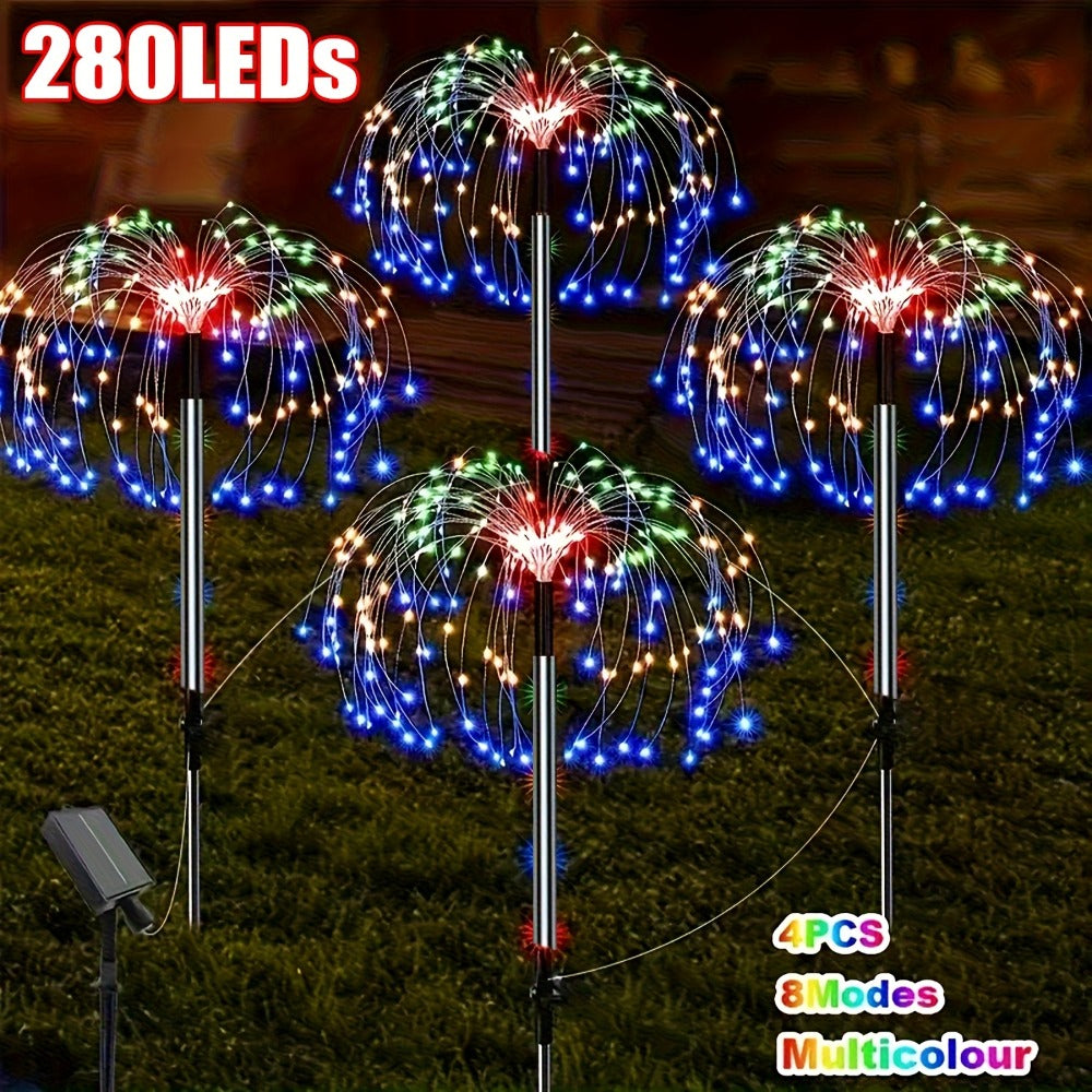 Solar Garden Lights, Four-Pack Firework-Style Outdoor Stakes with Eight Modes and Multicolor LEDs
