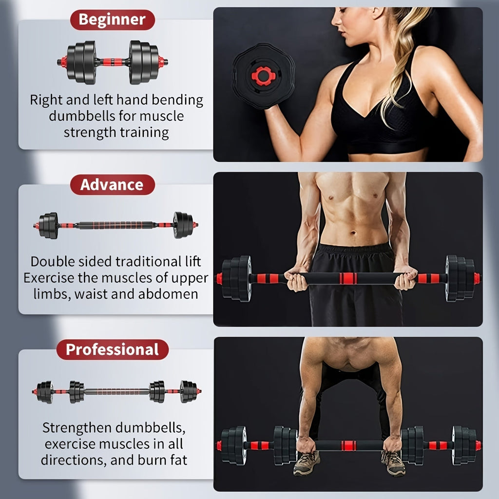 44-Pound Adjustable Dumbbell and Barbell Set with Black Round Plates, Connecting Rod and Double Lock Nuts