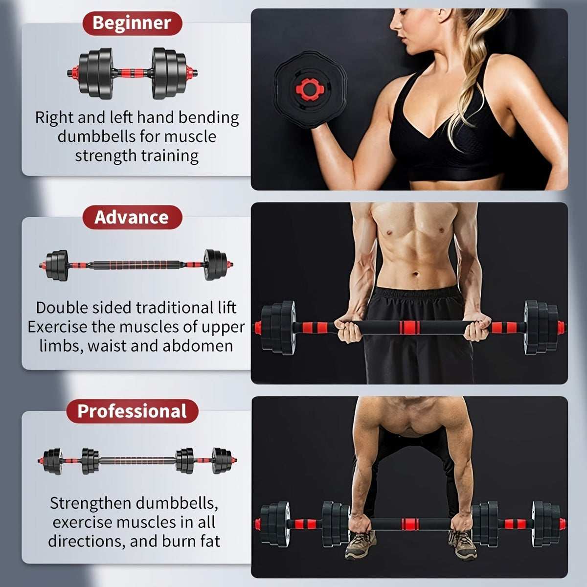 44-Pound Adjustable Dumbbell and Barbell Set with Black Round Plates, Connecting Rod and Double Lock Nuts