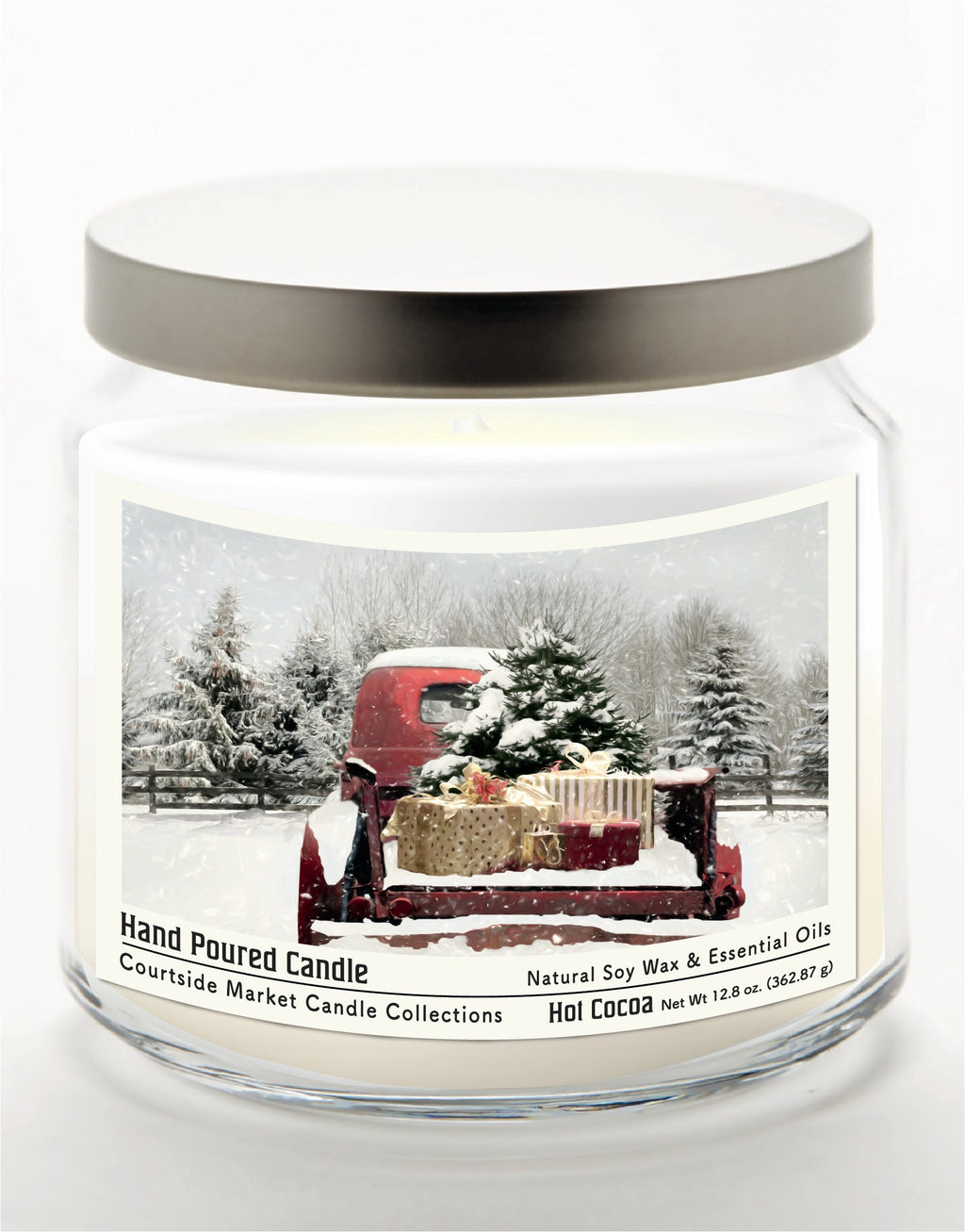 Red Christmas Truck 12.8 Oz Candle Glass Jar with Brushed Silver Metal Lid