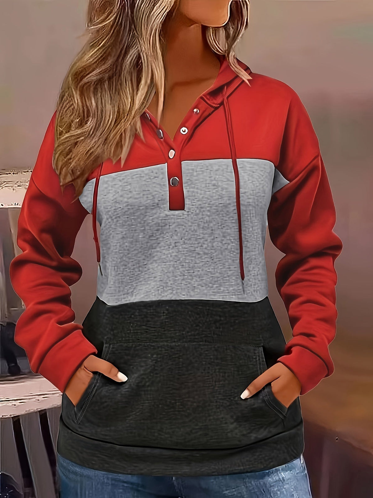 Tamsin | Kapuzenpullover mit Colour-Block-Knopfleiste