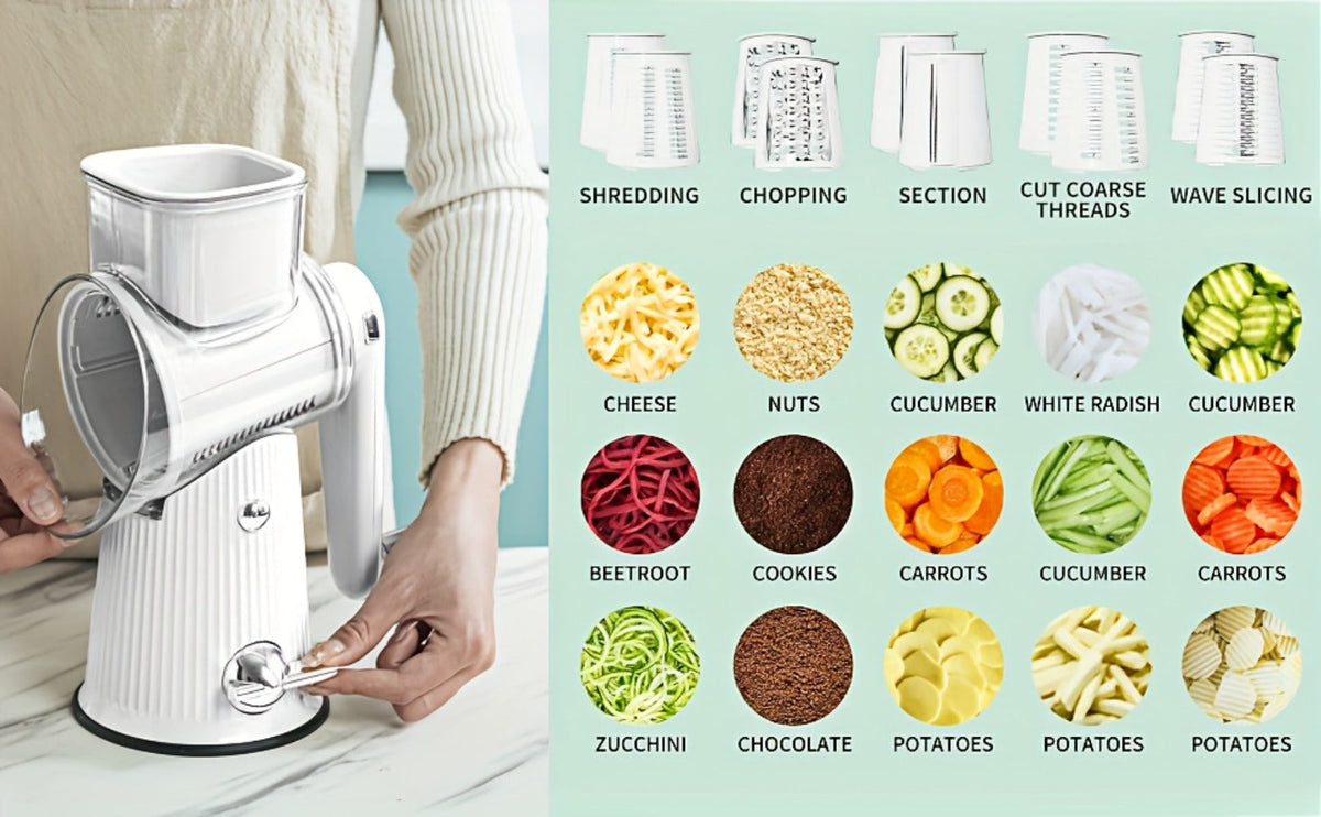 Rotary Cheese Grater with Interchangeable Blades, 5-in-1 Manual Vegetable Slicer Shredder Set, Suction Cup Base