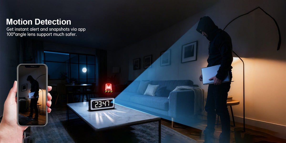 Security Camera 2K Clock-Format Model with Dual-Band WiFi, Color Night Vision, Motion Detection and Two-Way Talk