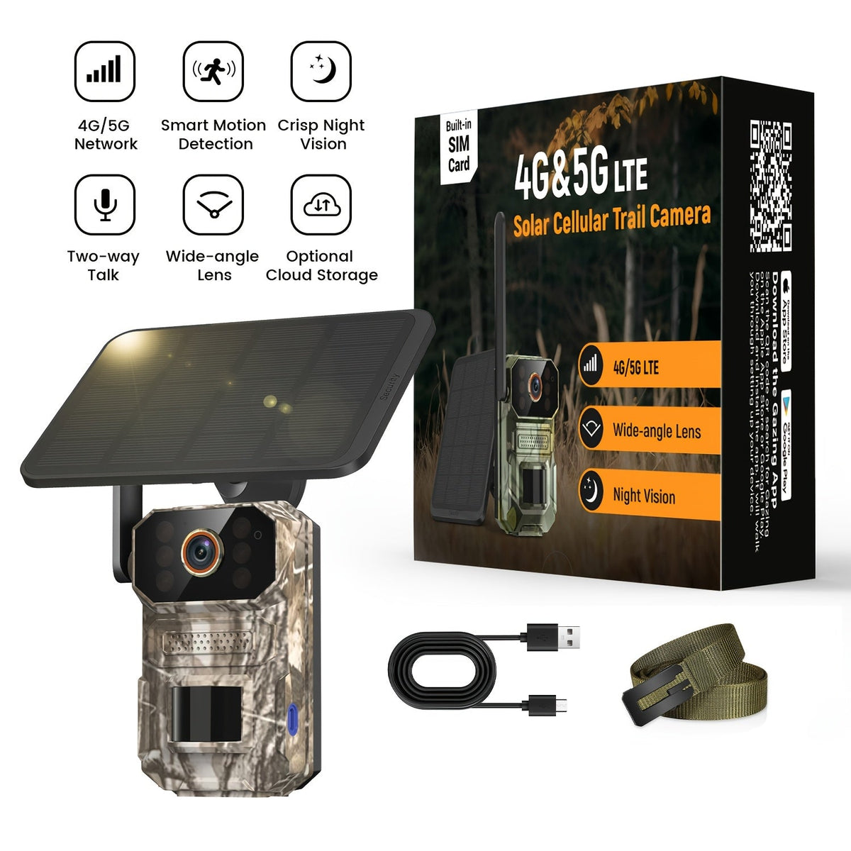 Solar Cellular Trail Camera 1920P No WiFi, 4G LTE Wildlife & Property Monitoring, PIR Motion Sensor