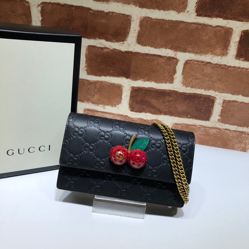 Gucci Signature GG Cherry Mini Chain Wallet Bag – Black Guccissima Leather