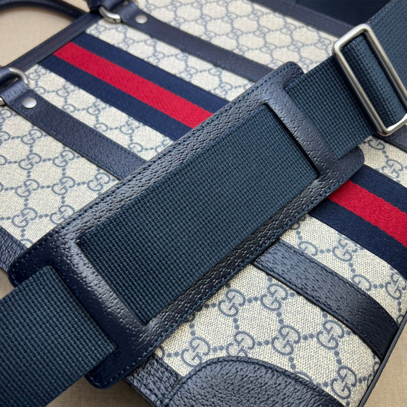 Gucci Ophidia GG Supreme Medium Tote Bag – Navy Leather Trim Web Stripe Silver GG