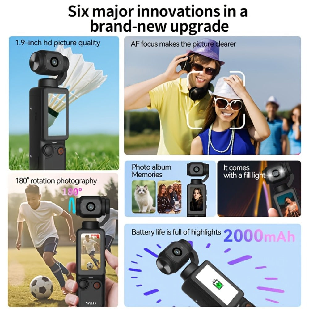 W&O 4K-Labeled Pocket Action Camera with 180-Degree Rotating Lens, 1.9-Inch Screen and 2000mAh Battery Marking