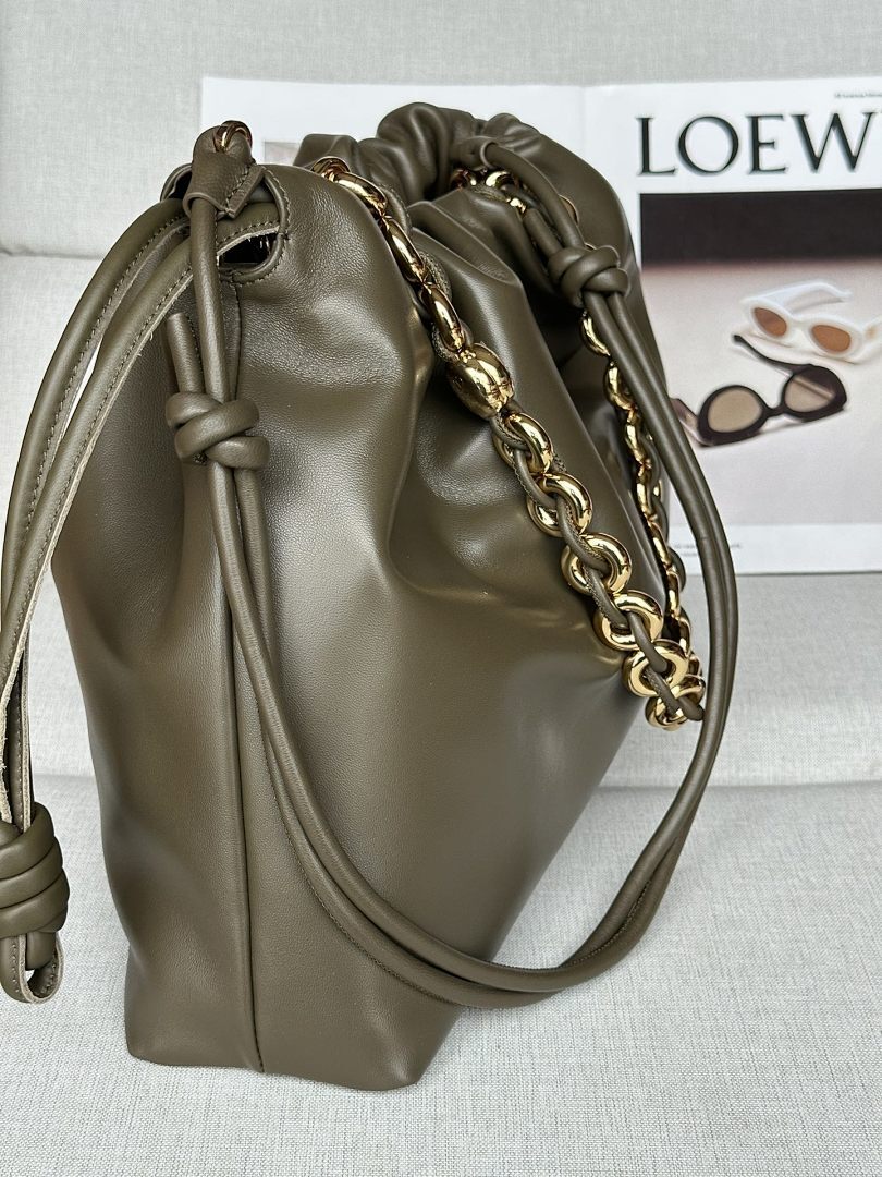 Loewe Flamenco Clutch Large – Khaki Olive Nappa Leather Gold Chain Strap