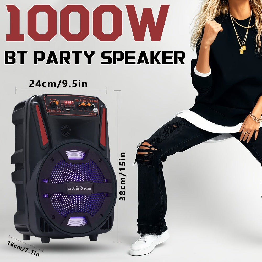 8-Inch Bluetooth Party Speaker with LED Lights & Wired Microphone, TWS Stereo Bass Boost, FM Radio
