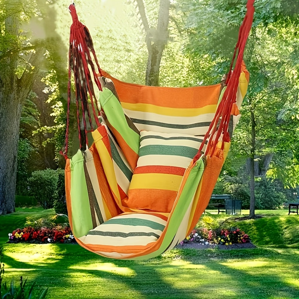 Three-Piece Striped Hammock Set with One Hanging Seat, Two Cushions, Ropes and Carry Bag in Two Colors