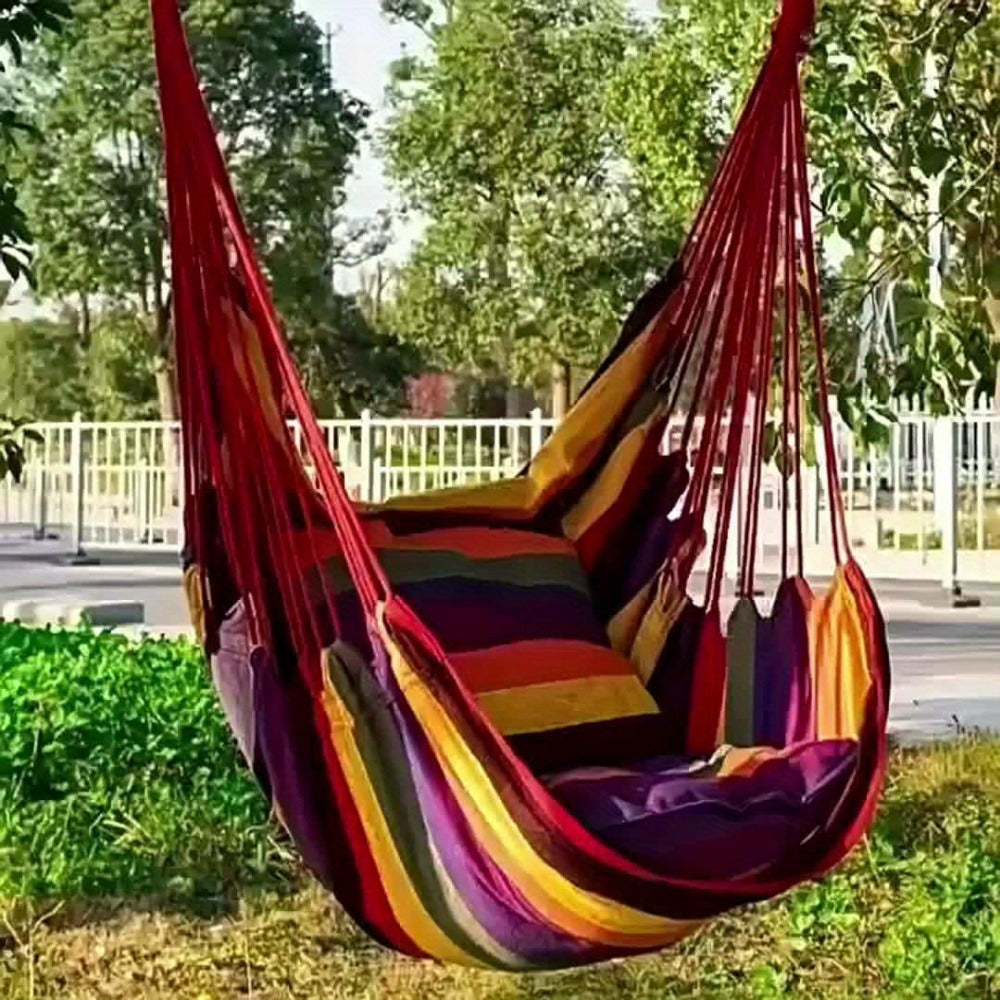 Three-Piece Striped Hammock Set with One Hanging Seat, Two Cushions, Ropes and Carry Bag in Two Colors