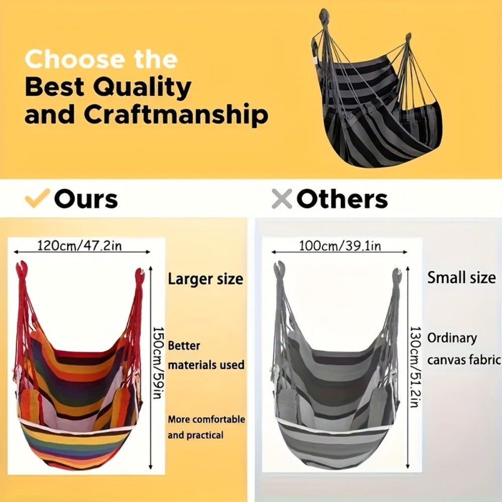 Three-Piece Striped Hammock Set with One Hanging Seat, Two Cushions, Ropes and Carry Bag in Two Colors
