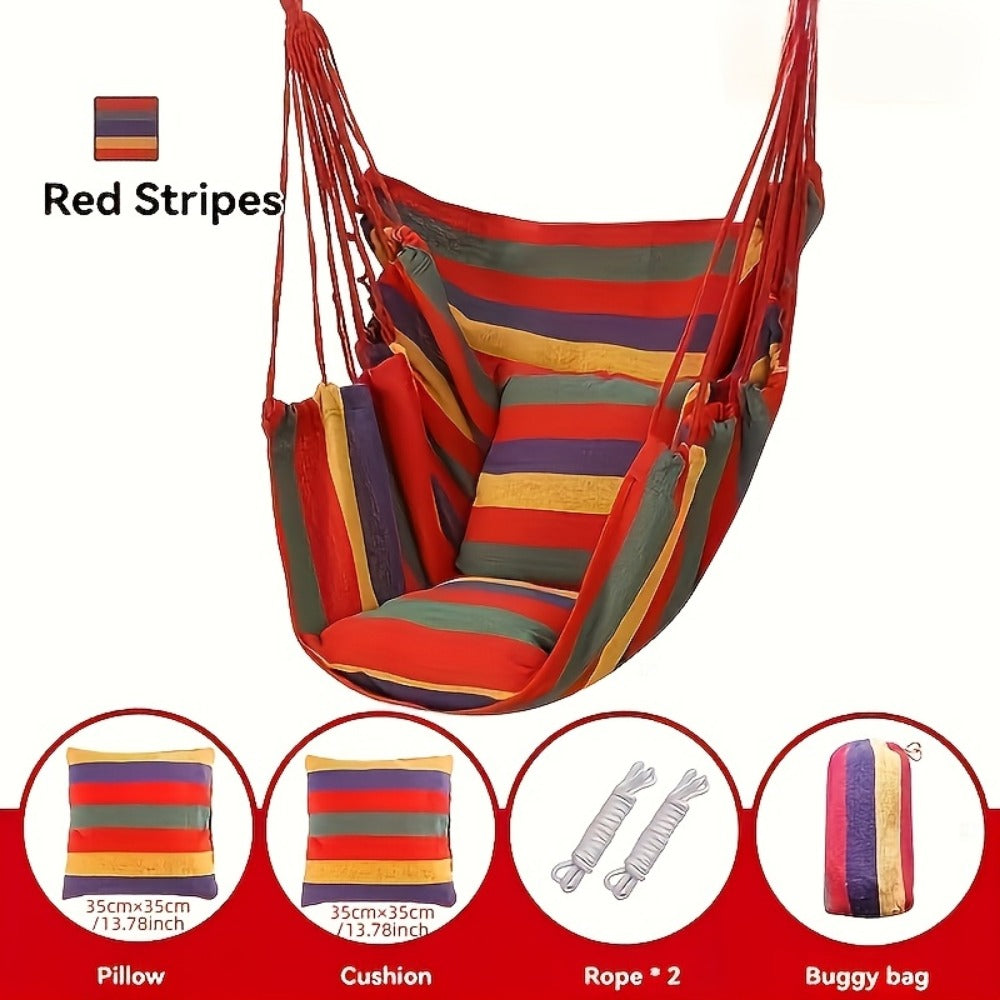 Three-Piece Striped Hammock Set with One Hanging Seat, Two Cushions, Ropes and Carry Bag in Two Colors