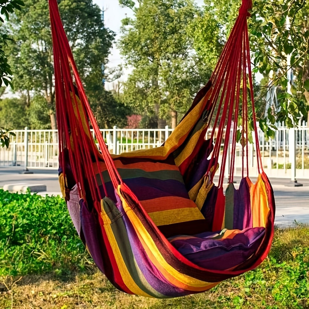 Three-Piece Striped Hammock Set with One Hanging Seat, Two Cushions, Ropes and Carry Bag in Two Colors