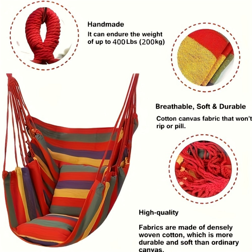 Three-Piece Striped Hammock Set with One Hanging Seat, Two Cushions, Ropes and Carry Bag in Two Colors