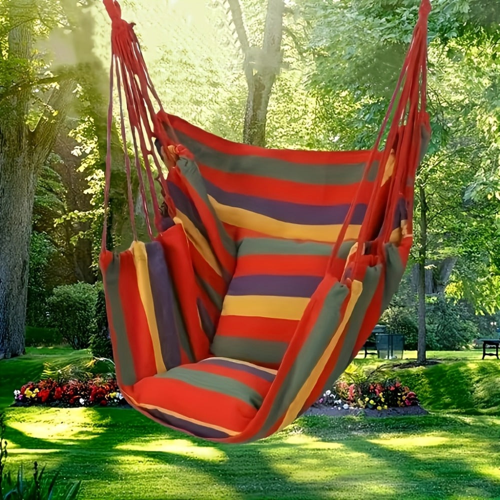 Three-Piece Striped Hammock Set with One Hanging Seat, Two Cushions, Ropes and Carry Bag in Two Colors