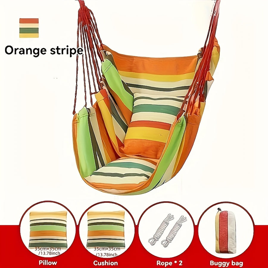 Three-Piece Striped Hammock Set with One Hanging Seat, Two Cushions, Ropes and Carry Bag in Two Colors