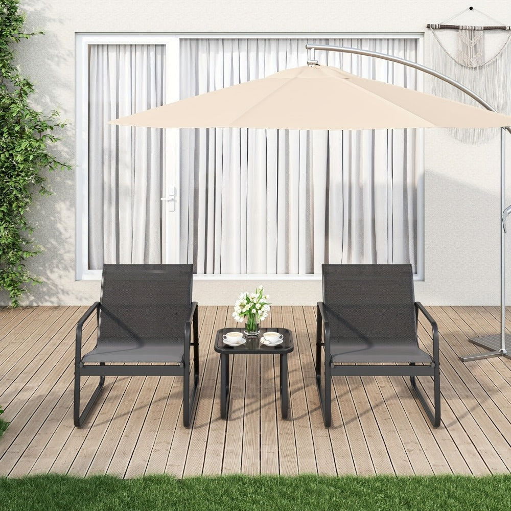 Three-Piece Metal Patio Rocking Chair Set with Two Textilene Seats, Side Table and Grey or Black Finish