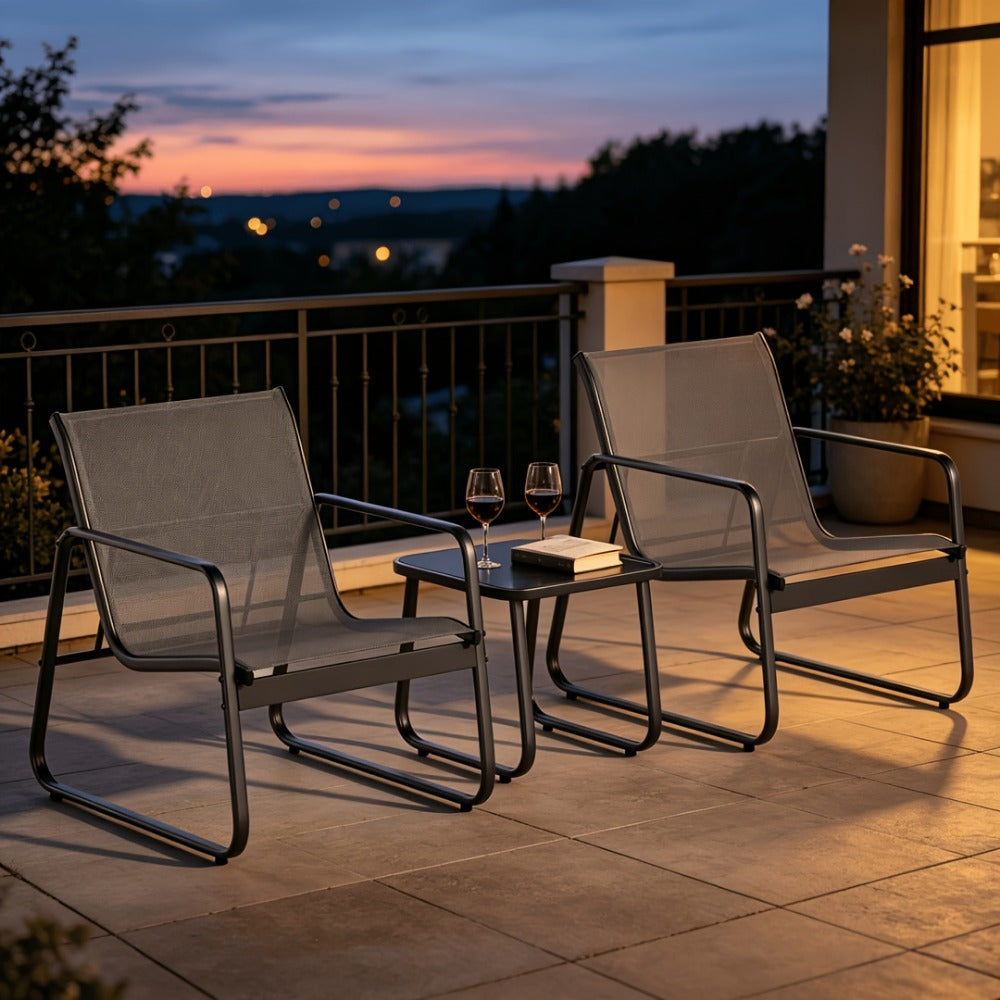 Three-Piece Metal Patio Rocking Chair Set with Two Textilene Seats, Side Table and Grey or Black Finish