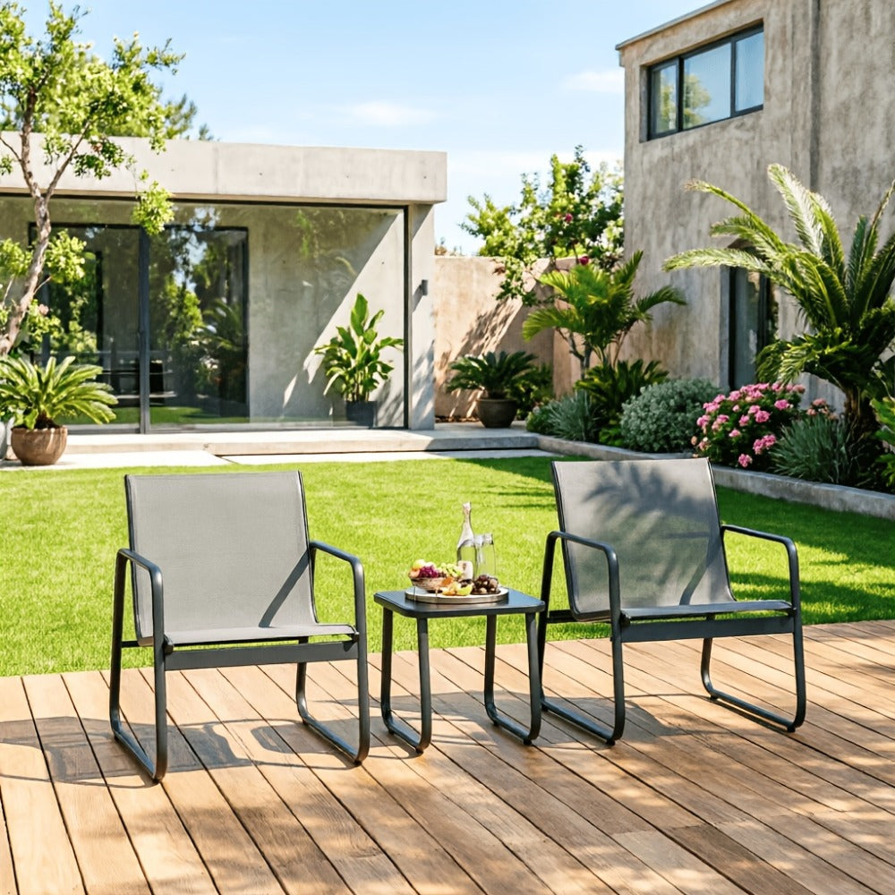 Three-Piece Metal Patio Rocking Chair Set with Two Textilene Seats, Side Table and Grey or Black Finish