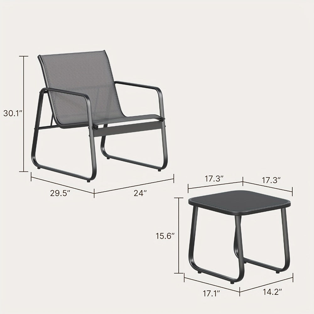 Three-Piece Metal Patio Rocking Chair Set with Two Textilene Seats, Side Table and Grey or Black Finish