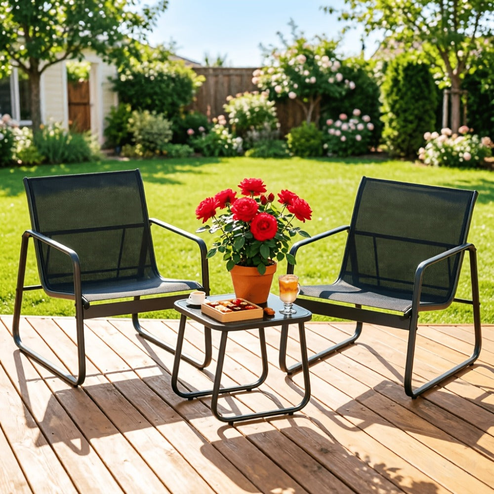 Three-Piece Metal Patio Rocking Chair Set with Two Textilene Seats, Side Table and Grey or Black Finish