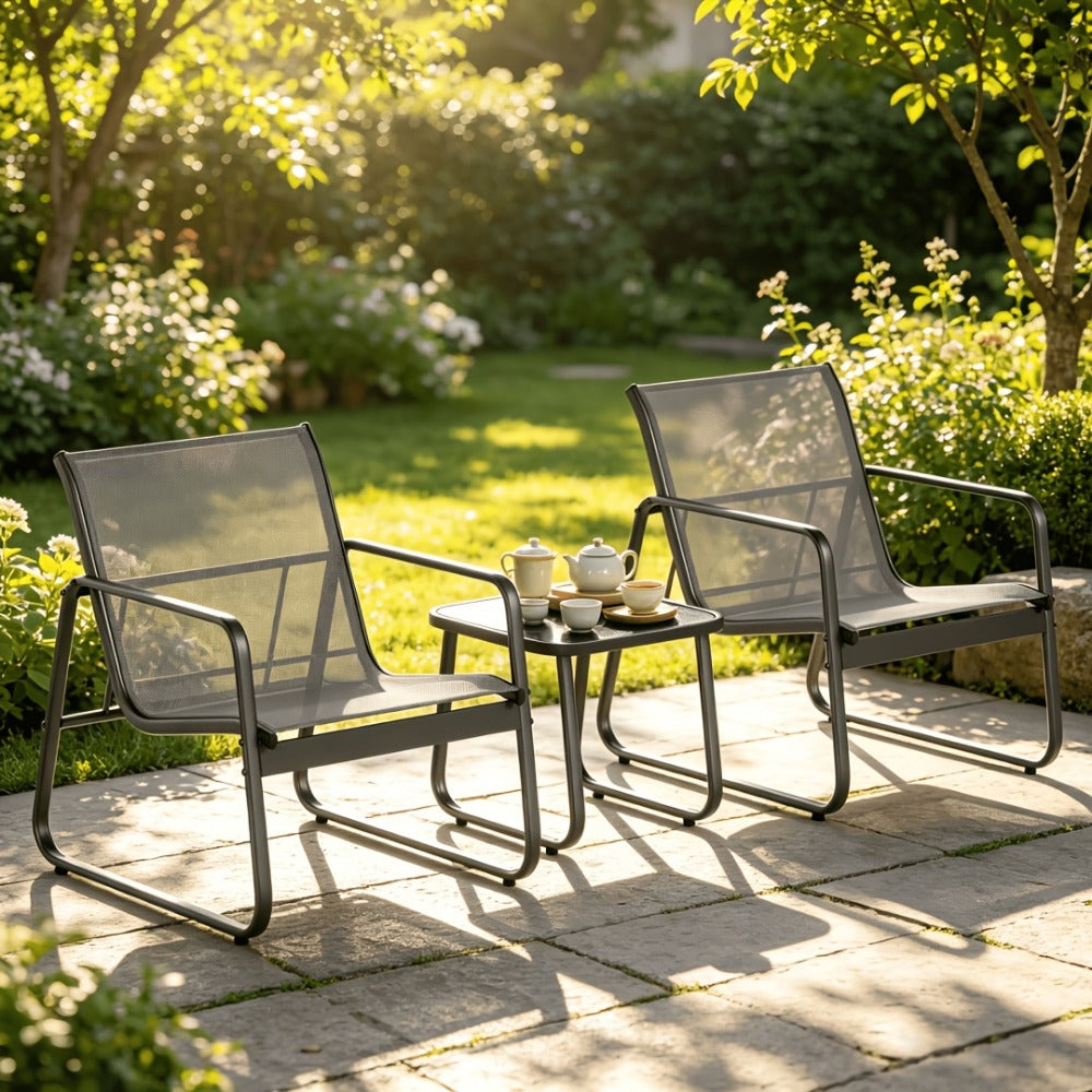 Three-Piece Metal Patio Rocking Chair Set with Two Textilene Seats, Side Table and Grey or Black Finish