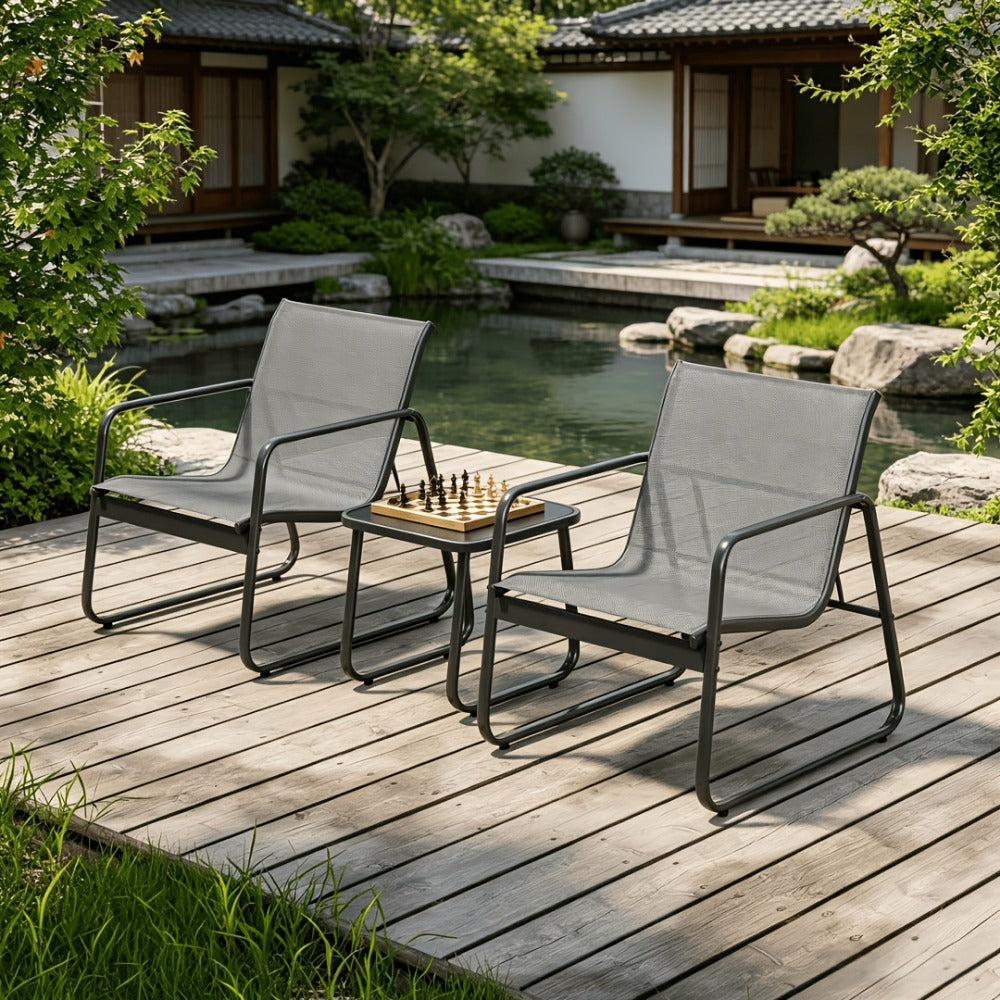 Three-Piece Metal Patio Rocking Chair Set with Two Textilene Seats, Side Table and Grey or Black Finish