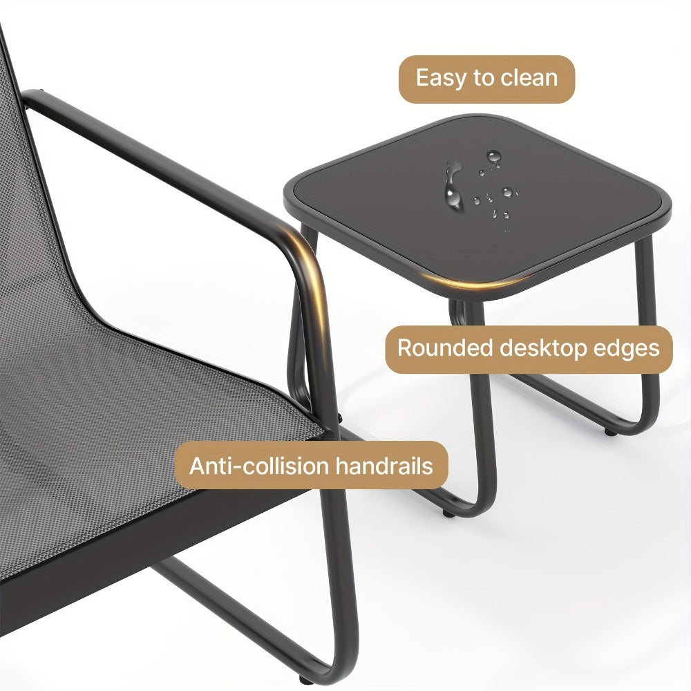 Three-Piece Metal Patio Rocking Chair Set with Two Textilene Seats, Side Table and Grey or Black Finish