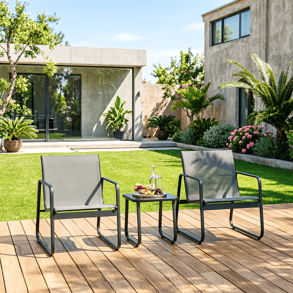 Three-Piece Metal Patio Rocking Chair Set with Two Textilene Seats, Side Table and Grey or Black Finish