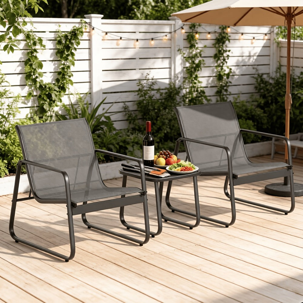 Three-Piece Metal Patio Rocking Chair Set with Two Textilene Seats, Side Table and Grey or Black Finish