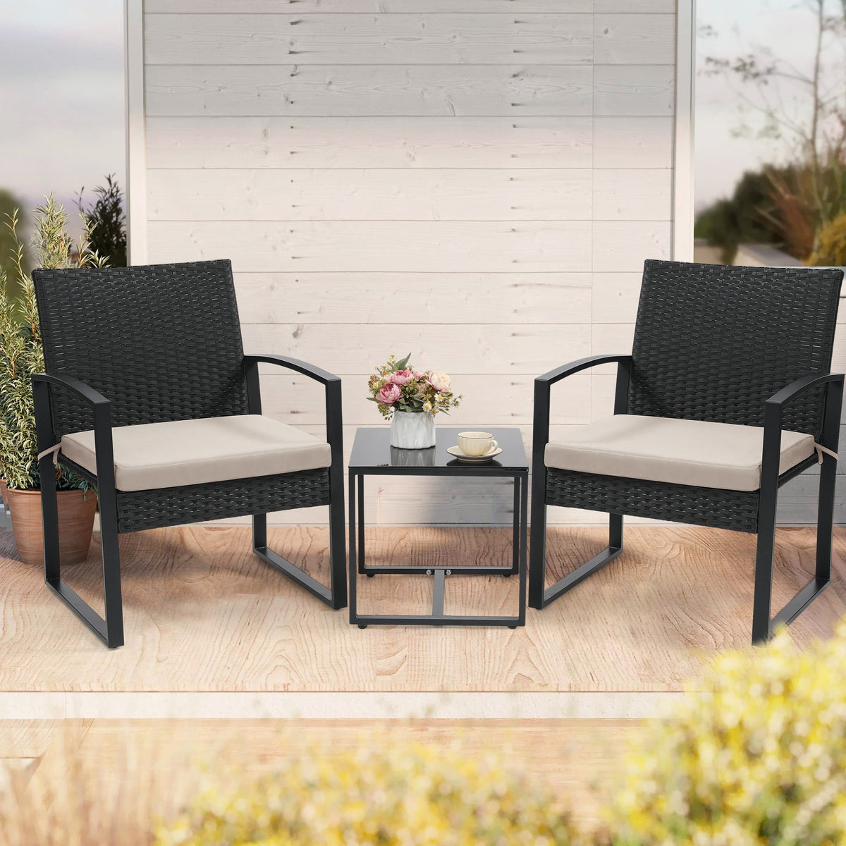 3-Piece Wicker Patio Bistro Set with Waterproof Protection and Two Chairs Included