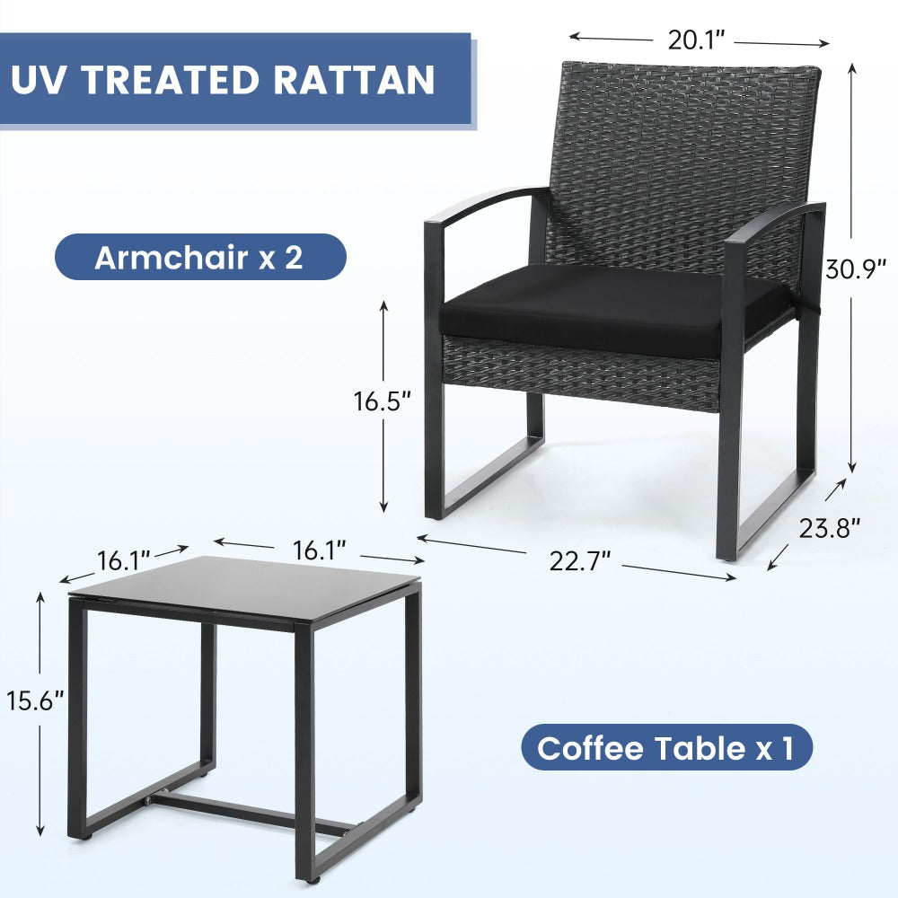 3-Piece Wicker Patio Bistro Set with Waterproof Protection and Two Chairs Included