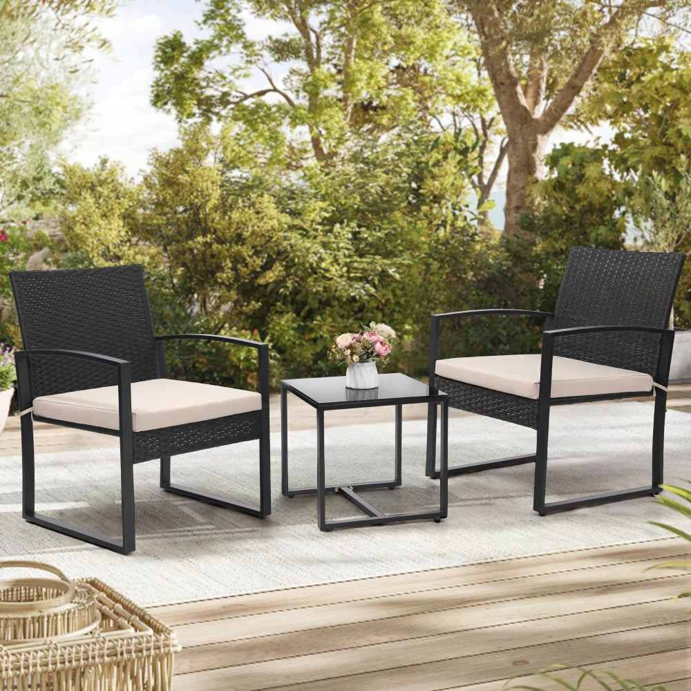 3-Piece Wicker Patio Bistro Set with Waterproof Protection and Two Chairs Included